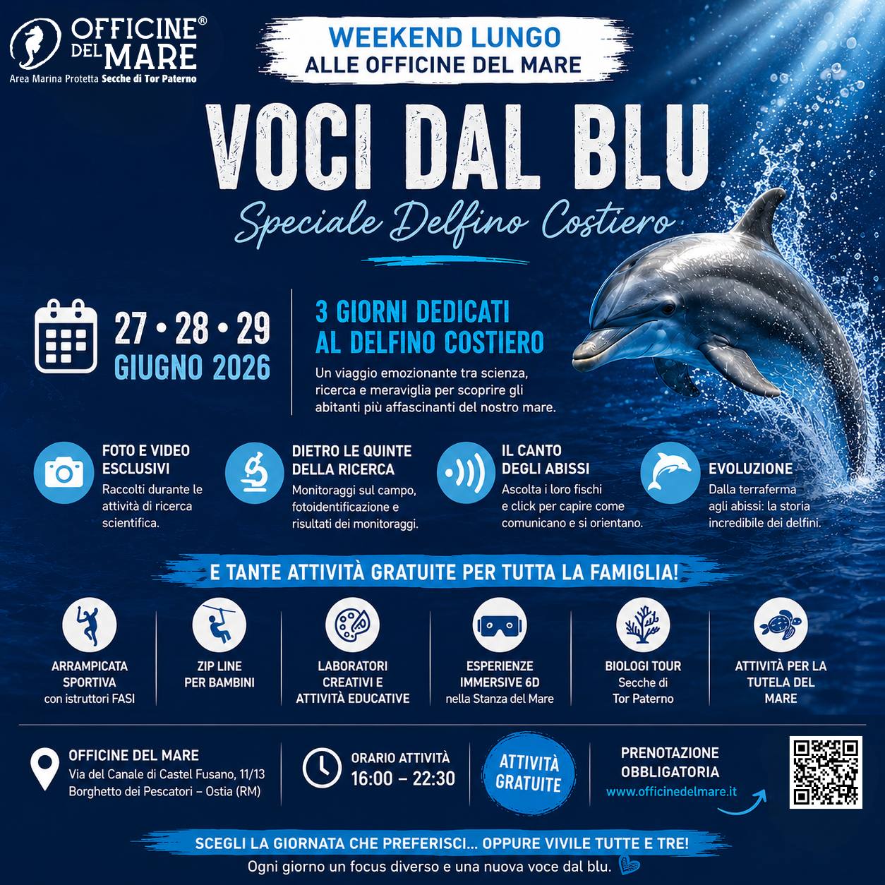 Weekend lungo alle Officine del Mare: 27,28,29 giugno 2026 Alla scoperta dei delfini del nostro mare: weekend speciale alle Officine del Mare